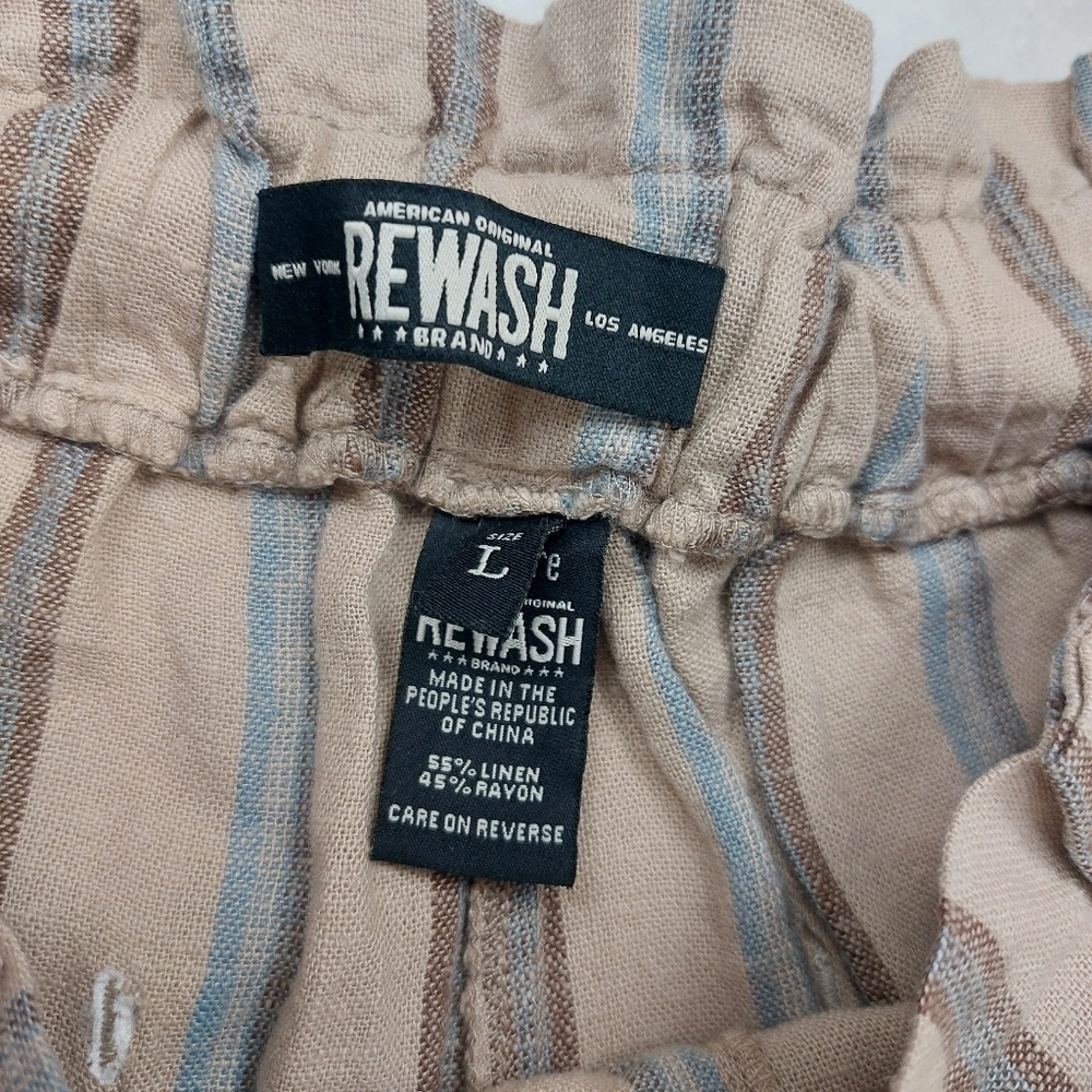 REWASH WOMEN'S TAN LINEN BLEND WIDE LEG BLUE STRIPE PULL ON CAPRI PANTS SIZE L - Picture 8 of 9